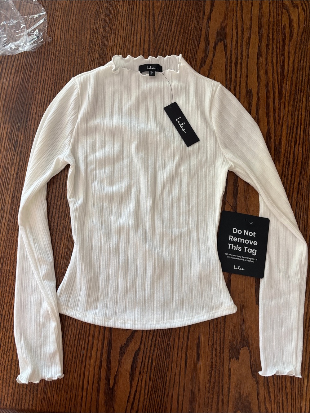 Lulus Charmed Vibes Ivory Ribbed Lettuce Edge Long Sleeve Top White - Size S - Picture 2 of 3